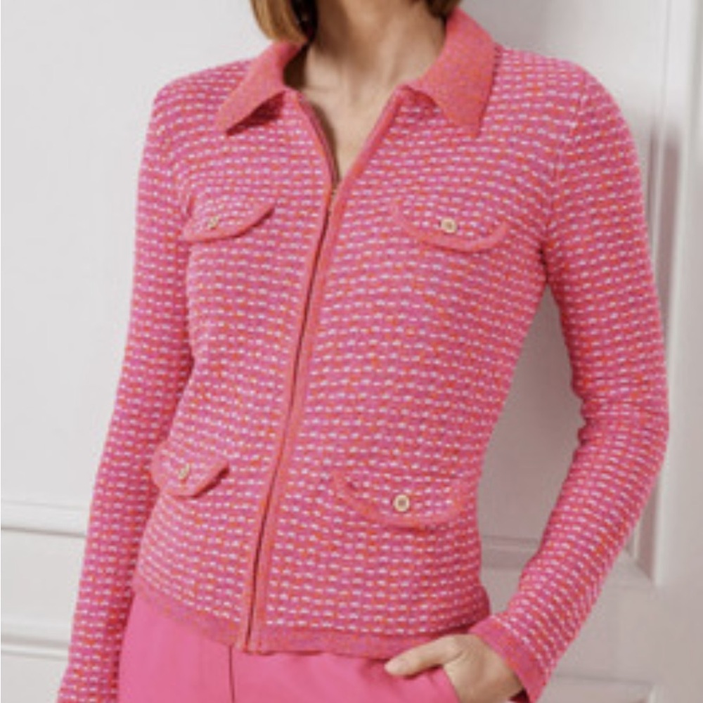 Talbots Pink White and Orange Tweed Sweater Jacket with Gold Accents Size S - Picture 1 of 11